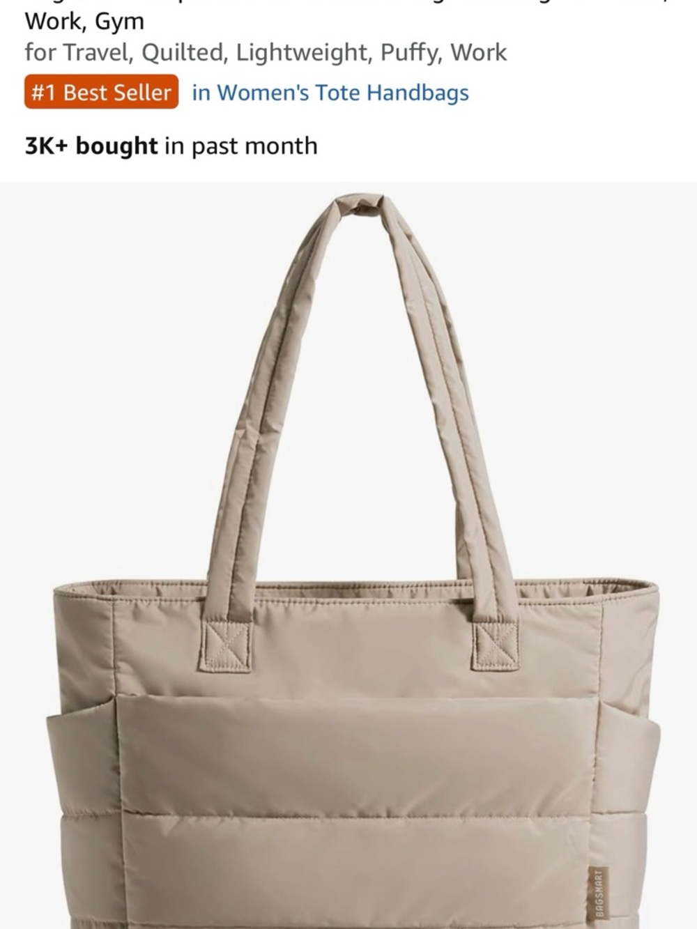 BAGSMART Puffer Tote Bag in Taupe